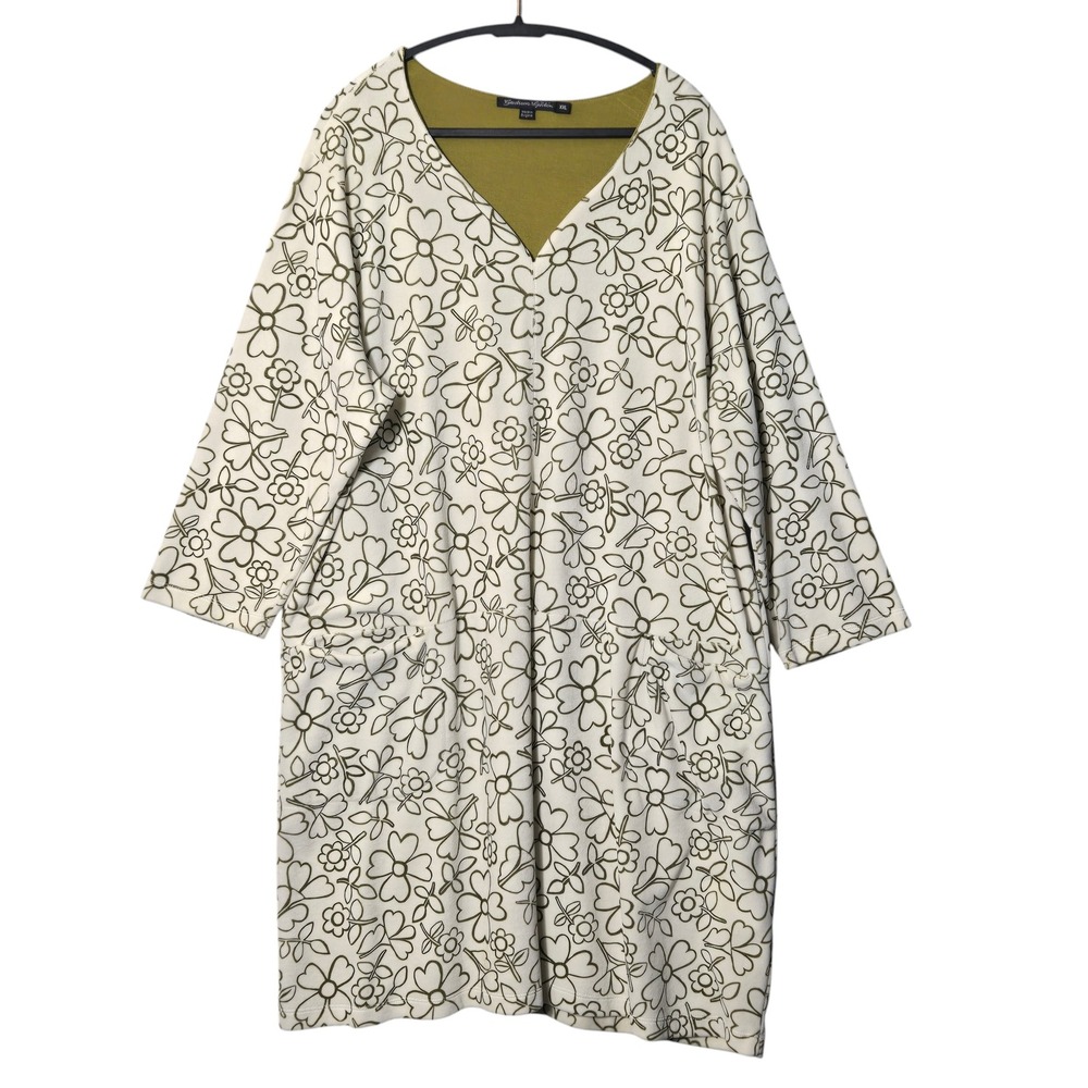 Gudrun Sjoden Floral Tunic Dress XXL Ivory Green Cotton Cozy Artsy Lagenlook